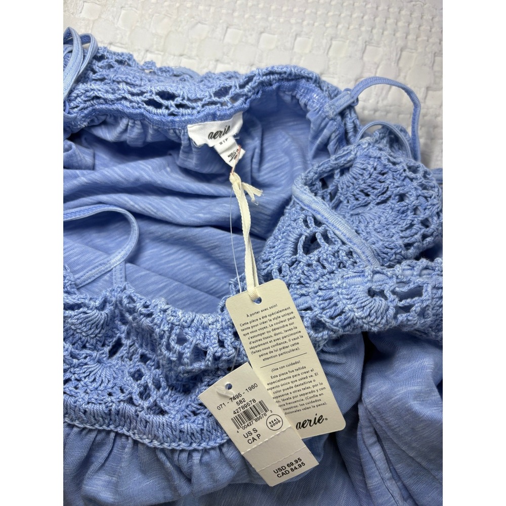 NWT Aerie Crochet Bodice Maxi Dress Small Blue Cotton Slub Sleeveless Pockets - Picture 8 of 9